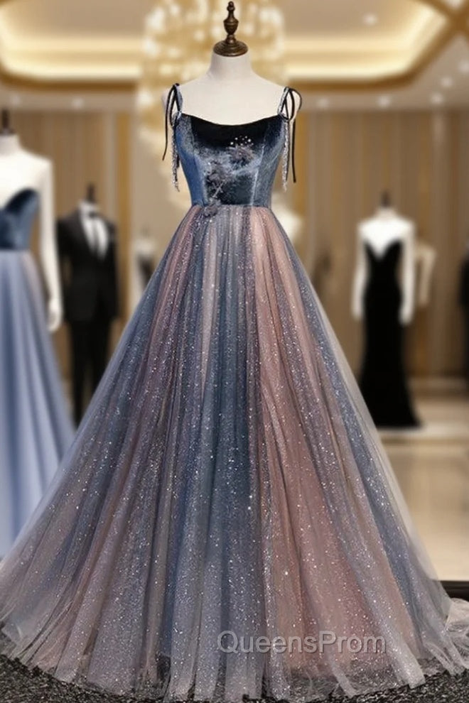 Blue Tulle Spaghetti Straps Beading Evening Prom Dress