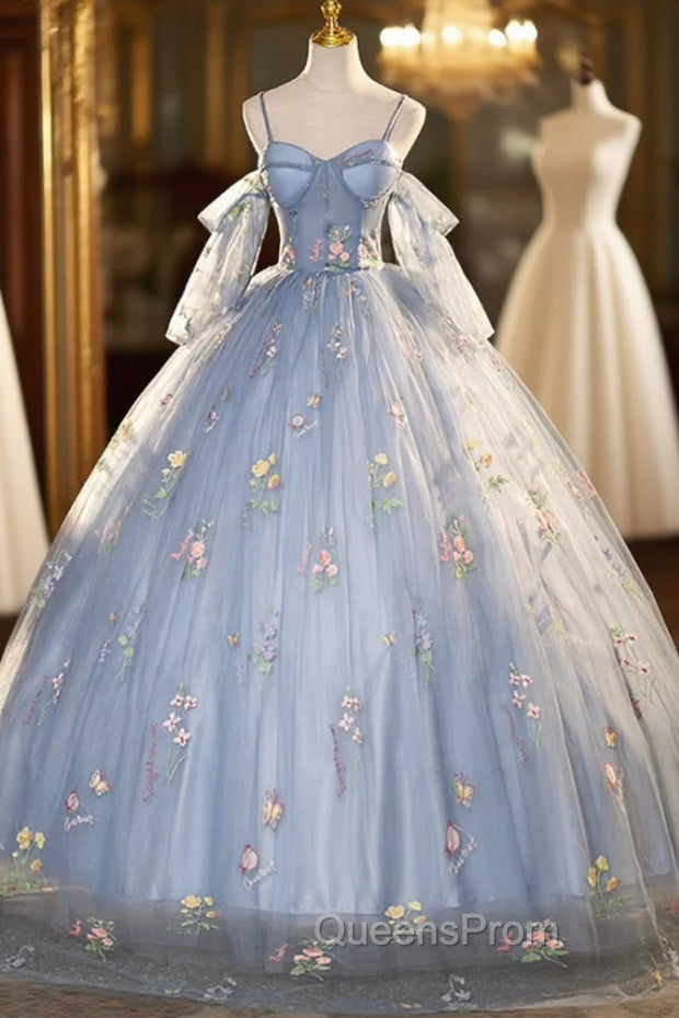 Blue Tulle Spaghetti Straps Embroidery Quinceanera Dress