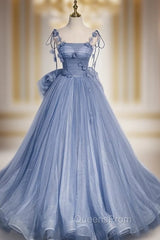 Blue Tulle Spaghetti Straps Flower Bow Evening Prom Dress