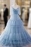 Blue Tulle Spaghetti Straps Pleats Evening Prom Dress