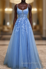 Blue Tulle Spaghetti Straps Evening Prom Dress