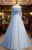 Blue Tulle Spaghetti Straps Sleeveless Evening Prom Dress
