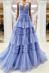 Blue Tulle Spaghetti Straps Tiers Evening Prom Dress