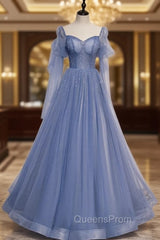 Blue Tulle Square Long Sleeve Beading Evening Prom Dress