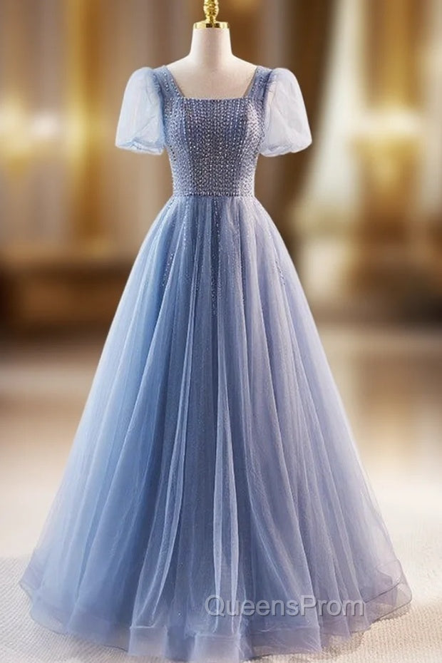 Blue Tulle Square Neck Puff Sleeve Evening Prom Dress