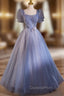 Blue Tulle Square Neck Short Sleeve Beading Flower Evening Prom Dress