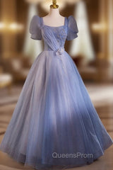 Blue Tulle Square Neck Short Sleeve Beading Flower Evening Prom Dress