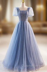 Blue Tulle Square Neck Short Sleeve Beading Evening Prom Dress