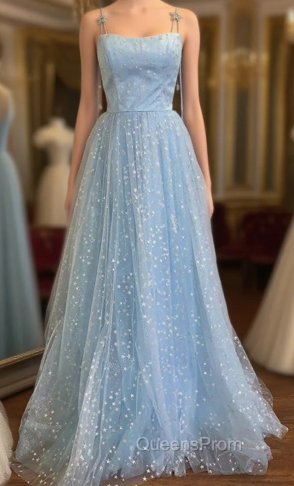 Blue Tulle Star Sequins Spaghetti Straps Evening Prom Dress