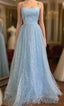 Blue Tulle Star Sequins Spaghetti Straps Evening Prom Dress