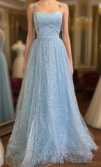 Blue Tulle Star Sequins Spaghetti Straps Evening Prom Dress