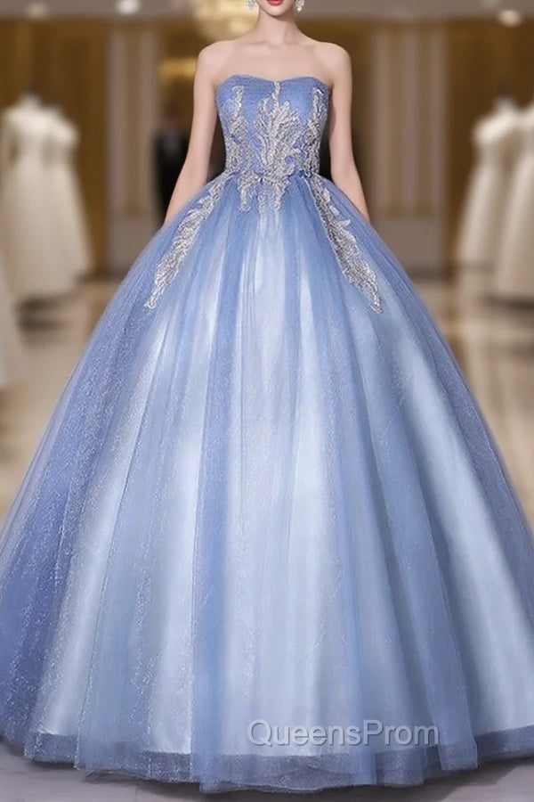 Blue Tulle Strapless Appliques Quinceanera Dress
