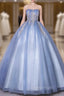 Blue Tulle Strapless Appliques Quinceanera Dress