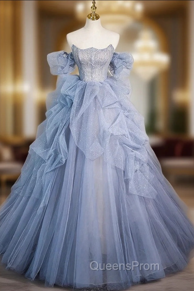 Blue Tulle Strapless Beading Evening Prom Dress