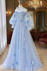 Blue Tulle Strapless Long Sleeve Flower Evening Prom Dress