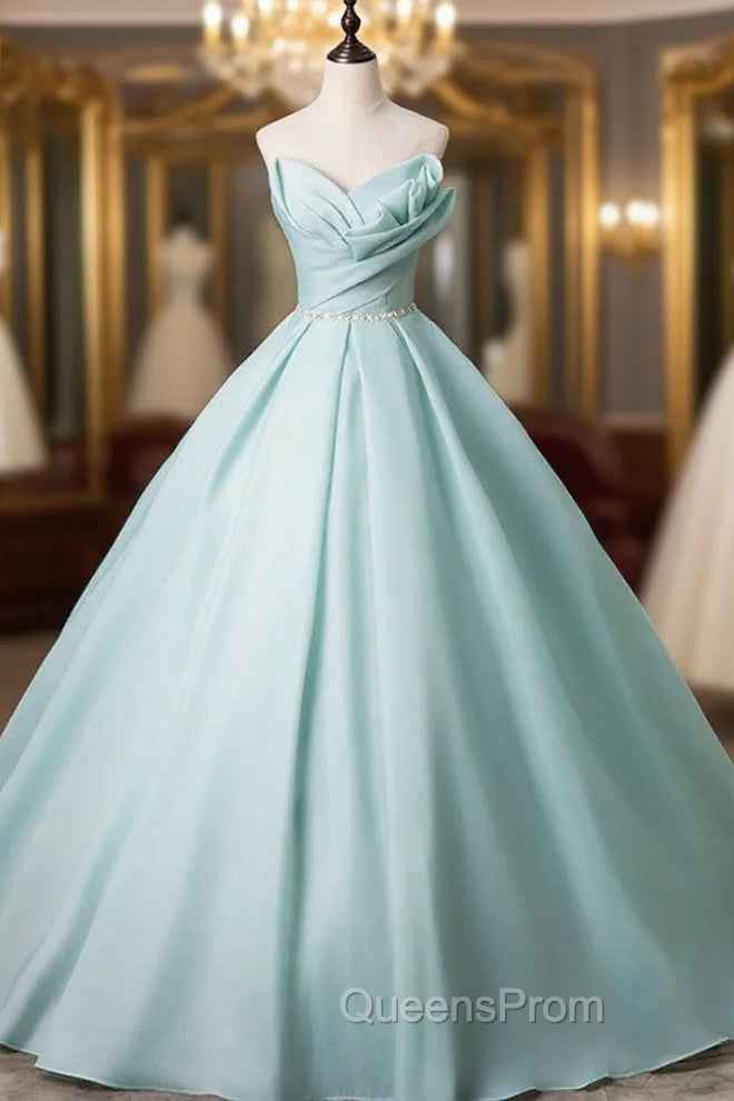Blue Tulle Strapless Pleats Beading Evening Prom Dress