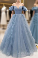 Blue Tulle Strapless Evening Prom Dress With Detachable Sleeve