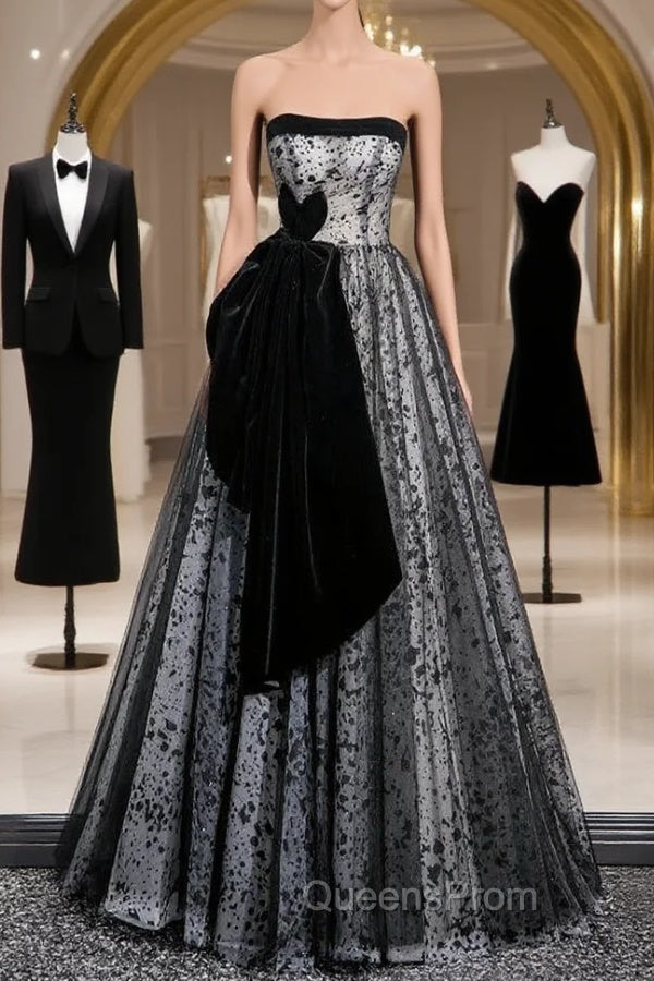 Blue Tulle Strapless Velvet Evening Prom Dress