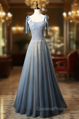 Blue Tulle Straps Beading Evening Prom Dress
