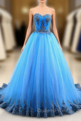 Blue Tulle Sweetheart Backless Appliques Wedding Dress