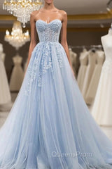 Blue Tulle Sweetheart Neck Appliques Evening Prom Dress