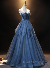 Blue Tulle Sweetheart Simple Pretty Floor Length Party Dress, Blue A-line Evening Dress Evening Prom Dress