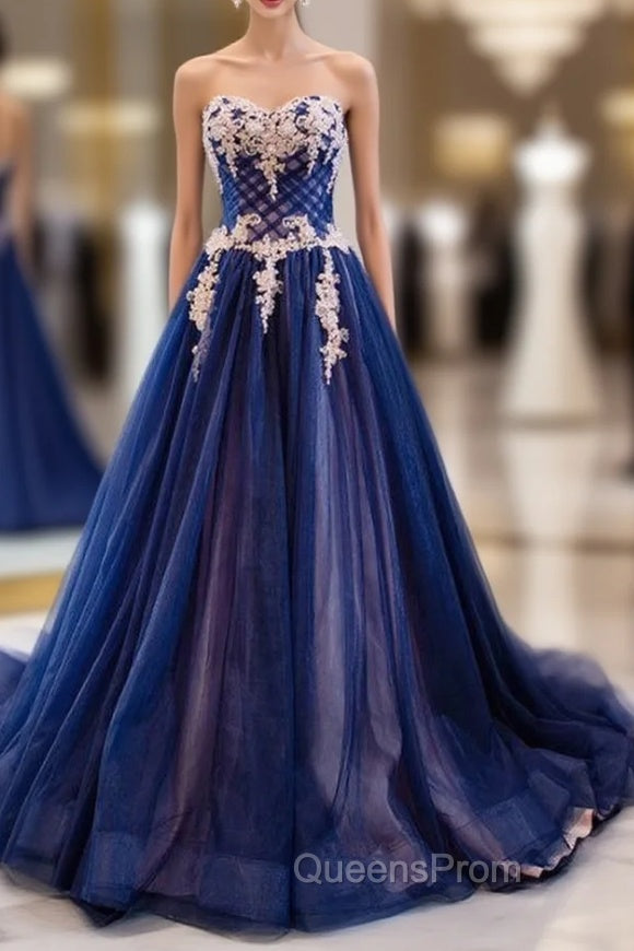 Blue Tulle Sweetheart White Appliques Evening Prom Dress With Train
