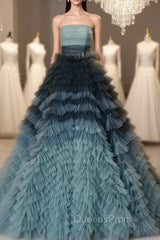 Blue Tulle Tiers Strapless Pleats Quinceanera Dress