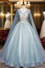 Blue Tulle V-neck Appliques Pleats Quinceanera Dress