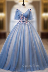 Blue Tulle V-neck Appliques Pleats Short Sleeve Quinceanera Dress