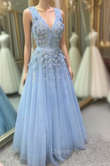 Blue Tulle V-neck Flower Beading Evening Prom Dress