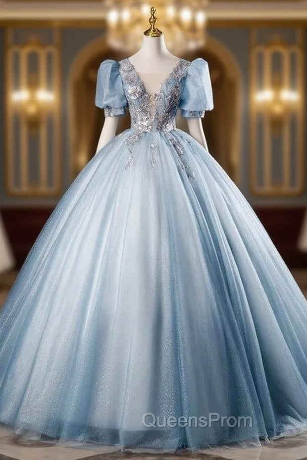 Blue Tulle V-neck Puff Sleeve Quinceanera Dress