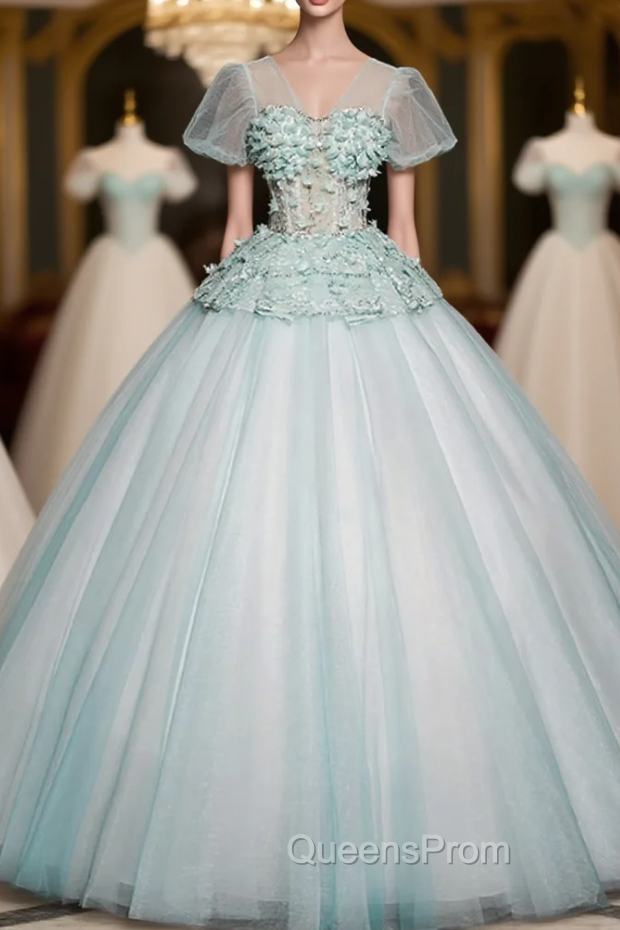Blue Tulle V-neck Short Sleeve Flower Quinceanera Dress Main image