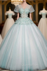 Blue Tulle V-neck Short Sleeve Flower Quinceanera Dress