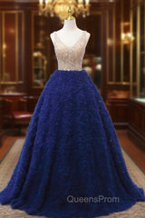 Blue Tulle V-neck Tiers Beading Evening Prom Dress