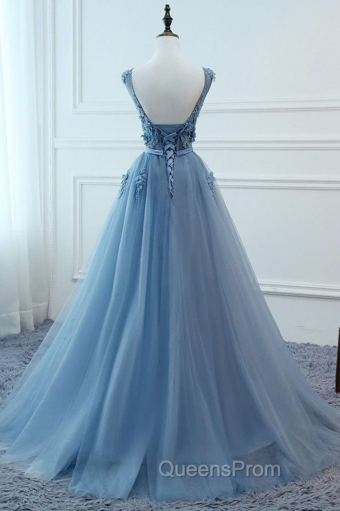 Blue Tulle V-neckline Long Party Dress , Tulle Evening Dress