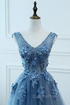 Blue Tulle V-neckline Long Party Dress , Tulle Evening Dress