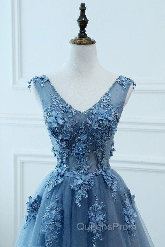 Blue Tulle V-neckline Long Party Dress , Tulle Evening Dress