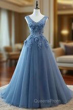 Blue Tulle V-neckline Long Party Dress , Tulle Evening Dress