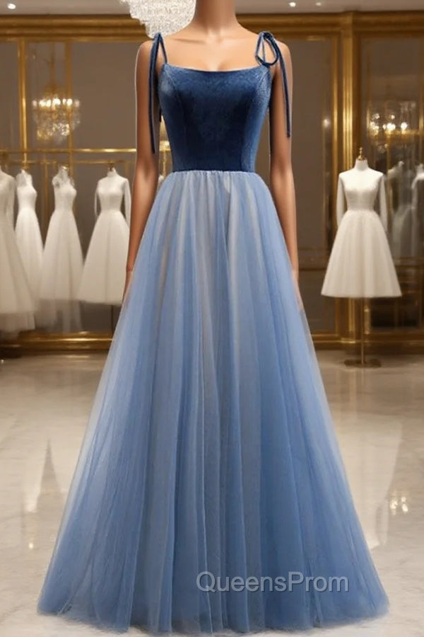 Blue Tulle Velvet Spaghetti Straps Open Back Evening Prom Dress