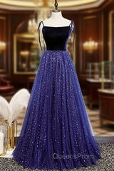 Blue Tulle Velvet Star Sequins Spaghetti Straps Evening Prom Dress