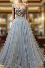 Blue Tulle with Flowers Straps Long Evening Dress, Blue Evening Prom Party Dress
