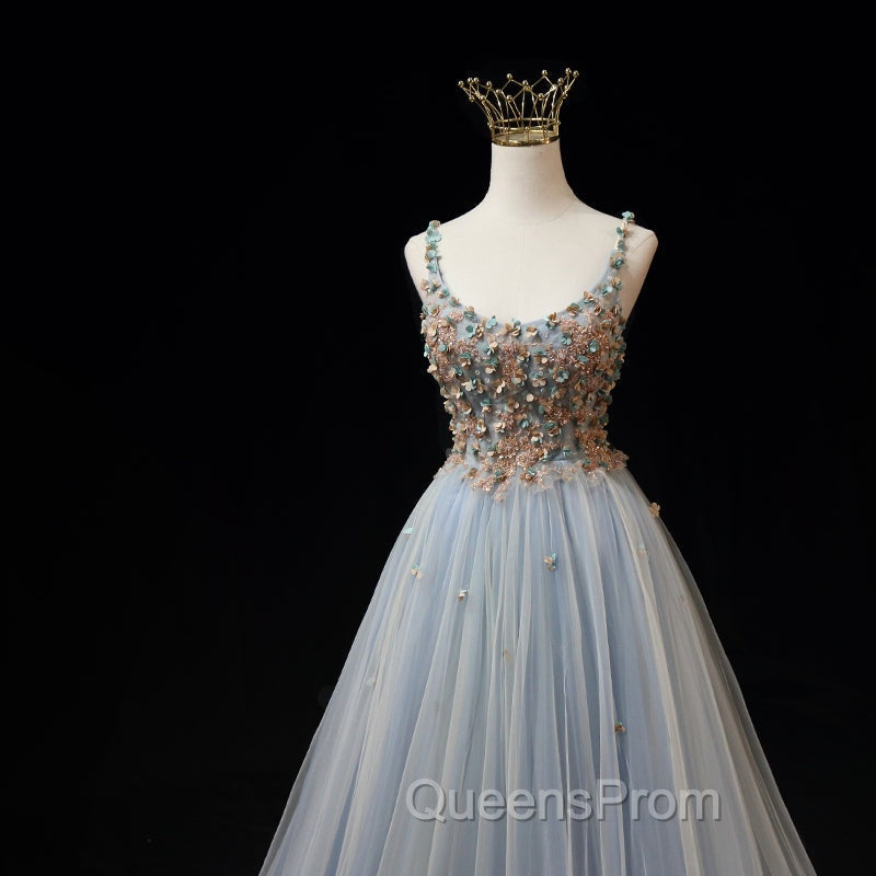 Blue Tulle with Flowers Straps Long Evening Dress, Blue Evening Prom Party Dress