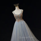 Blue Tulle with Flowers Straps Long Evening Dress, Blue Evening Prom Party Dress