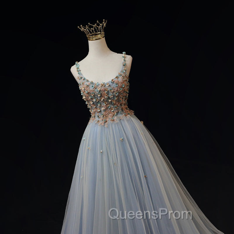 Blue Tulle with Flowers Straps Long Evening Dress, Blue Evening Prom Party Dress