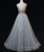 Blue Tulle with Flowers Straps Long Evening Dress, Blue Evening Prom Party Dress
