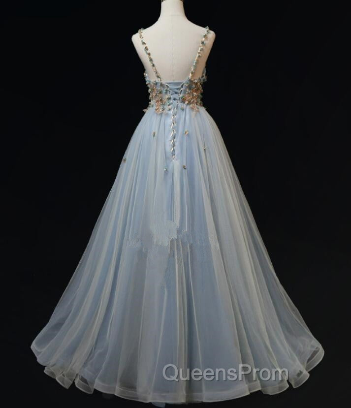 Blue Tulle with Flowers Straps Long Evening Dress, Blue Evening Prom Party Dress
