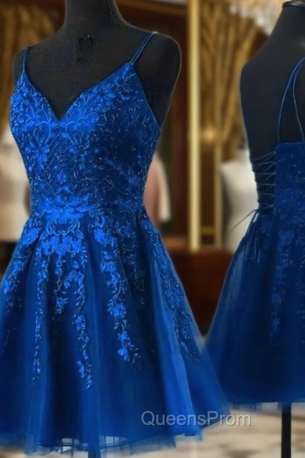 Blue Tulle with Lace Straps Short Homecoming Dress, V-neckline Blue Evening Prom Dress