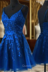 Blue Tulle with Lace Straps Short Homecoming Dress, V-neckline Blue Evening Prom Dress