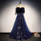 Blue Tulle With Velvet Long Party Dress, A-Line Off Shoulder Classy Dress Classy Prom Dress